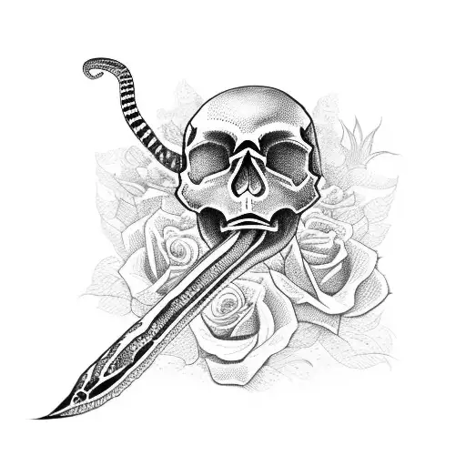 Skull, snake, dagger, flowers tattoo design idea