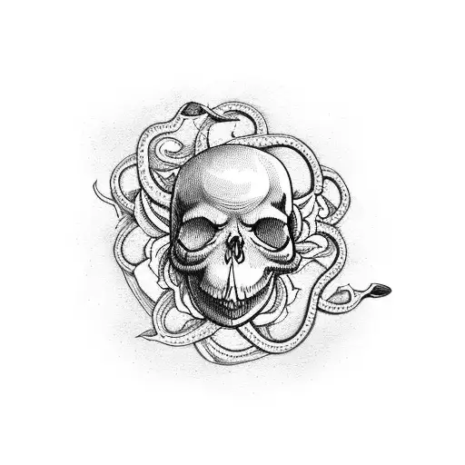 arm sleeve with a skull, a snake circling up the arm, a dagger, and flowers filling the empty space tattoo design idea