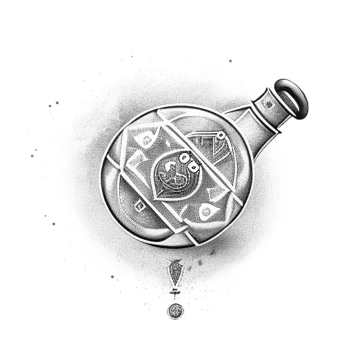A minimalist design of a potion bottle with gaming symbols as the ingredients tattoo design idea
