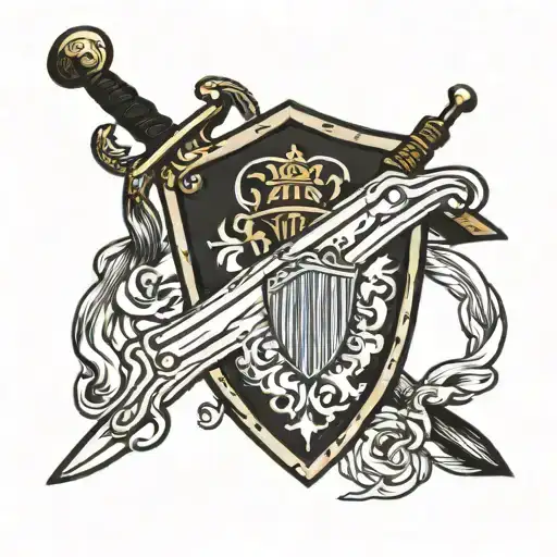 shield leaning against a sword in the ground paying respect tattoo design idea