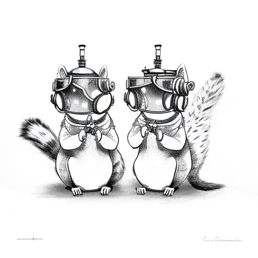 A matching cartoon squirrel duo dressed in steampunk attire with goggles and gears tattoo design idea