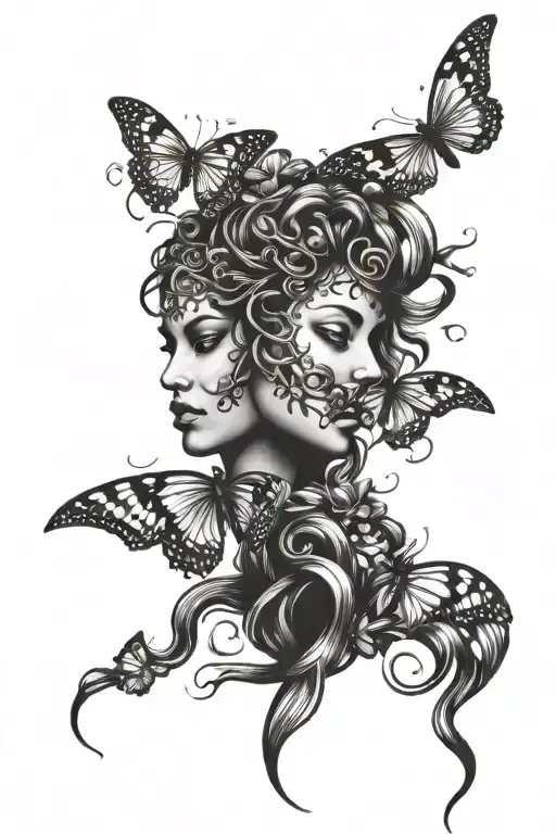 side view Medusa head butterflies tattoo design idea