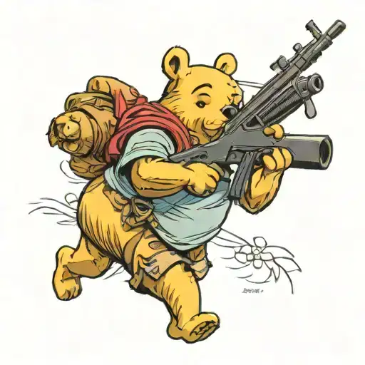 Winnie-the-Pooh with rifle, black woman tattoo design idea