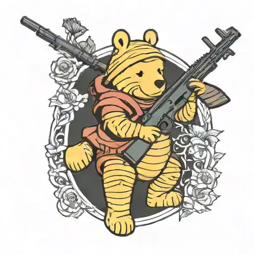 Winnie-the-Pooh with rifle, black woman tattoo design idea