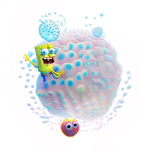 create a ultra realistic, slightly scary, 3d unreal engine style image of SpongeBob chasing 6 jellyfish fish tattoo design idea