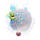 create a ultra realistic, slightly scary, 3d unreal engine style image of SpongeBob chasing 6 jellyfish fish tattoo design idea