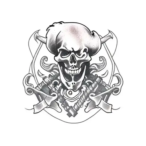 skeleton pirate with large black beard and long curly hair wearing a tricorn and drinking rum tattoo design idea