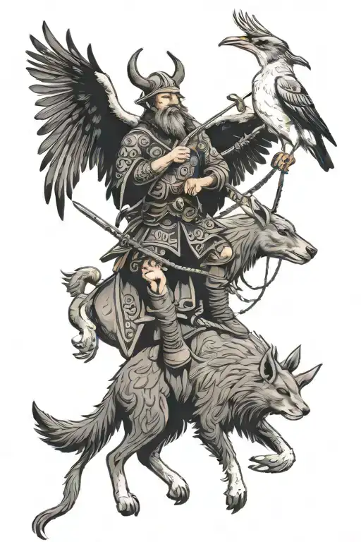 Viking riding a kangaroo with a magpie on left shoulder and crow on right shoulder tattoo design idea
