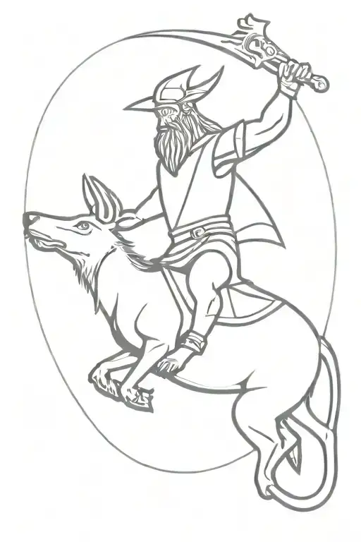 Viking with arms outstretched riding a kangaroo. a magpie resting on Viking's left shoulder and crow on right shoulder tattoo design idea