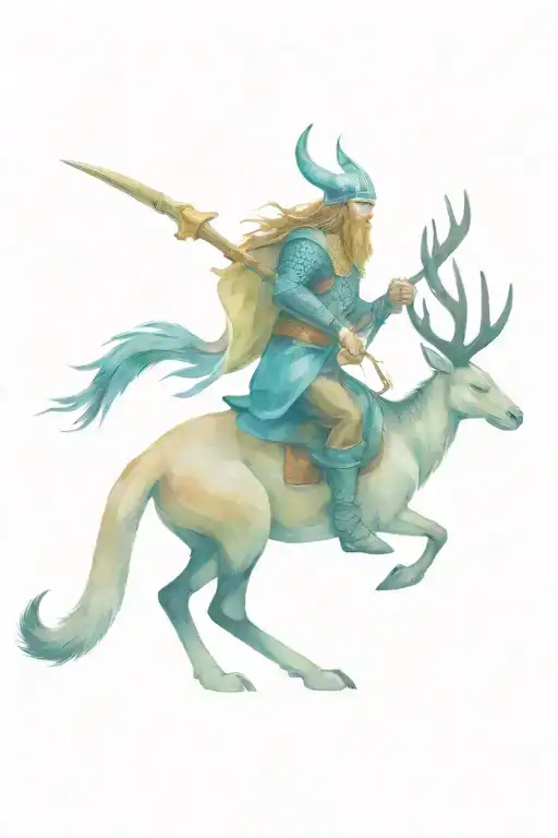 Viking with horn helmet riding a kangaroo with a magpie on left shoulder and crow on right shoulder tattoo design idea
