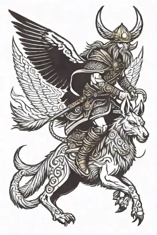 Viking riding a kangaroo with a magpie on left shoulder and crow on right shoulder tattoo design idea