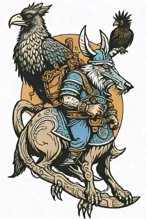 Viking riding a kangaroo with a magpie on left shoulder and crow on right shoulder tattoo design idea
