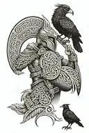 Viking with horn helmet next to kangaroo above a magpie and crow back to back tattoo design idea
