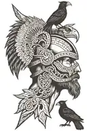 Viking with horn helmet next to kangaroo above a magpie and crow back to back tattoo design idea