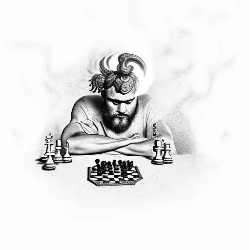 Create a tattoo of a stoic figure playing chess while surrounded by flames, representing being unfazed in the face of challenges tattoo design idea