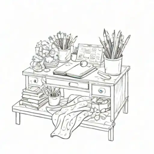 A sketch of a teacher's desk filled with crafting supplies and surrounded by blooming flowers, with subtle hints of sparkles and glitter tattoo design idea