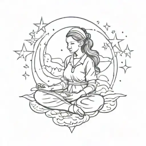 A sketch style tattoo of a nurse meditating under the night sky filled with stars tattoo design idea