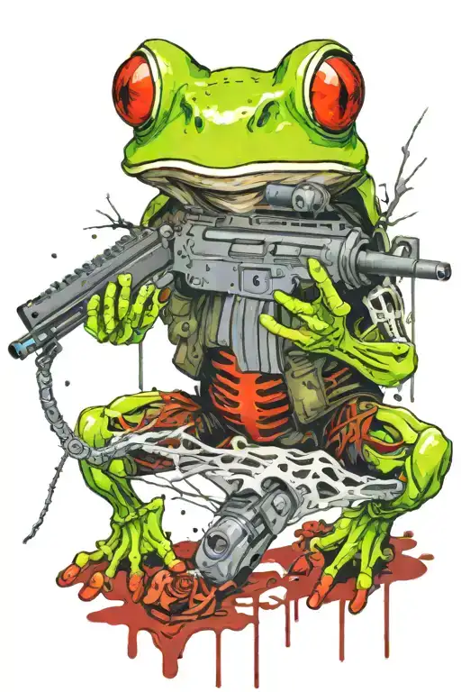 frog skeleton with m4 rifle crawling wearing udt shorts, less green, more shadows  tattoo design idea