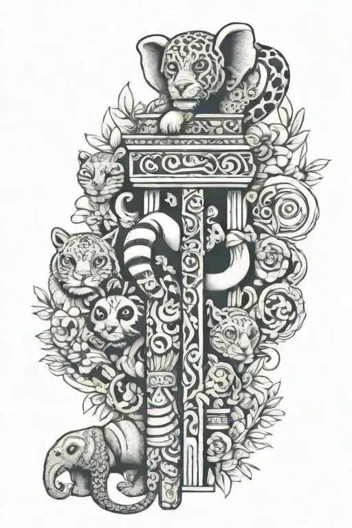 totem pole with an elephant, snake, lion, red panda, owl tattoo design idea