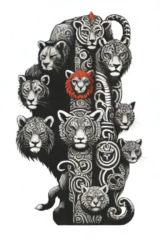 totem pole including these animals, elephant, lion, snake, owl, red panda tattoo design idea