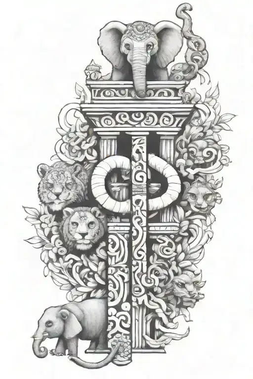 totem pole with an elephant, snake, lion, red panda, owl tattoo design idea
