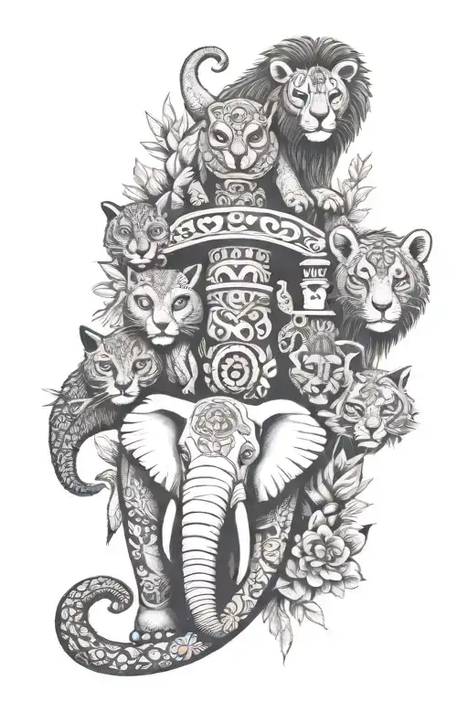 totem pole with an elephant, snake, lion, red panda, owl tattoo design idea
