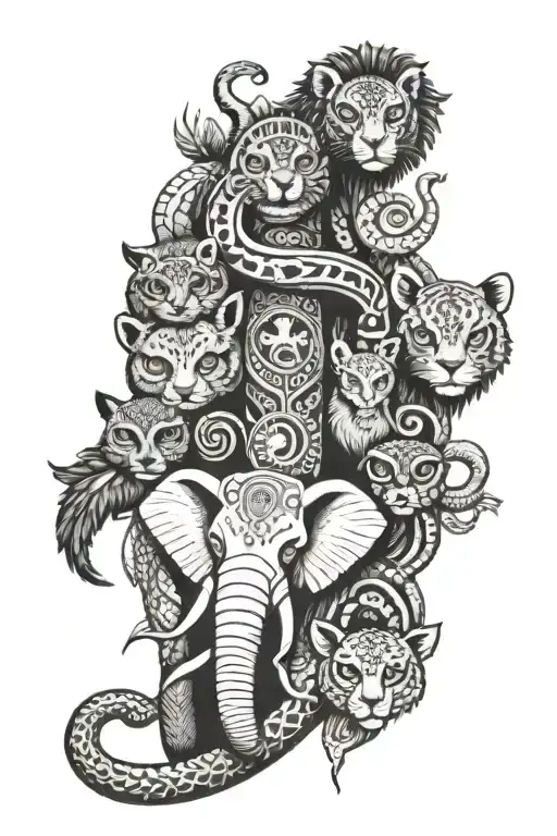 totem pole with an elephant, snake, lion, red panda, owl tattoo design idea