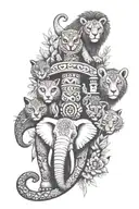 totem pole with an elephant, snake, lion, red panda, owl tattoo design idea