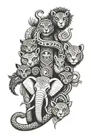 totem pole with an elephant, snake, lion, red panda, owl tattoo design idea