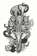 totem pole with an elephant, snake, lion, red panda, owl tattoo design idea
