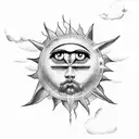 Icarus falling, clouds, famous Greek mythological god/goddess, a sun, an eye  tattoo design idea