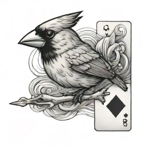 cardinal with playing card in its mouth at the beach tattoo design idea