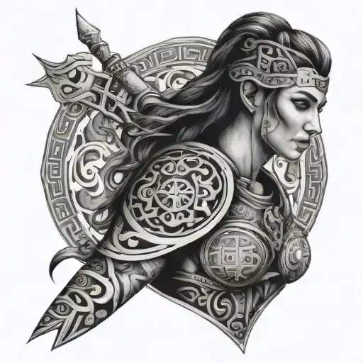 A female warrior with intricate Greek patterns and symbols tattoo design idea