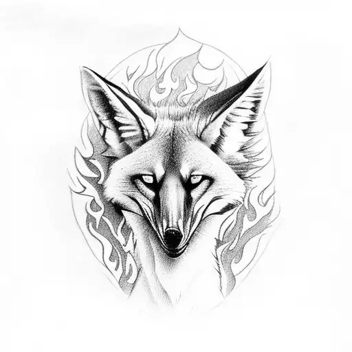 Create a detailed maned wolf skeleton surrounded by flames tattoo design idea