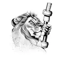 A powerful lion lifting a set of dumbbells tattoo design idea