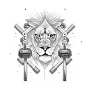A powerful lion lifting a set of dumbbells tattoo design idea