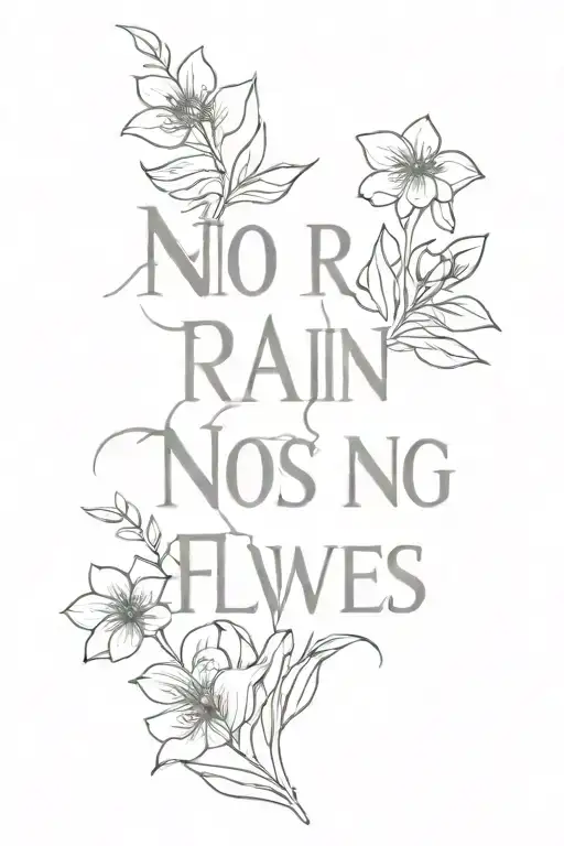 spine piece with flowers intertwined. the words "no rain no flowers" tattoo design idea
