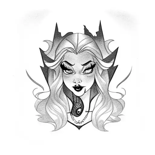 a disney princess as a vampire, black lips, fangs tattoo design idea
