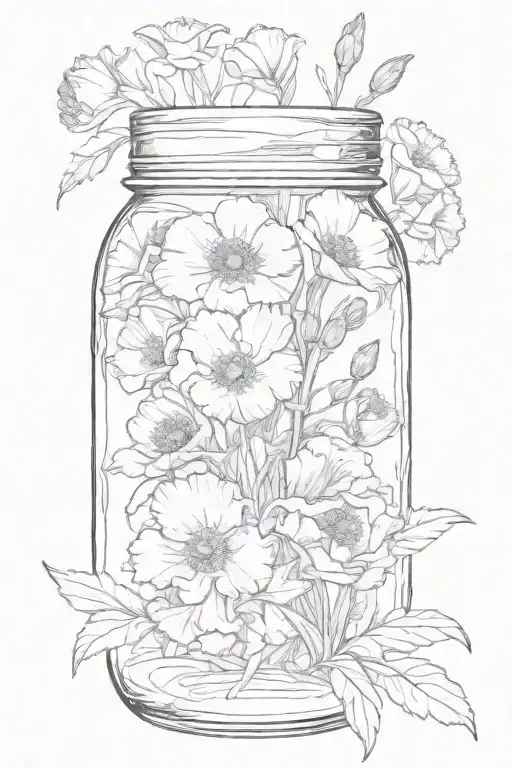 Mason jar with a Tuscan poppy, iris, and carnation flowers tattoo design idea