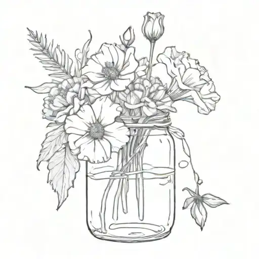  Tuscan poppy, iris, and carnation flowers sitting in a mason jar tattoo design idea