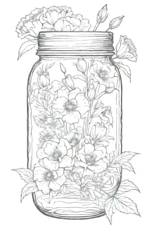 Mason jar with a Tuscan poppy, iris, and carnation flowers tattoo design idea