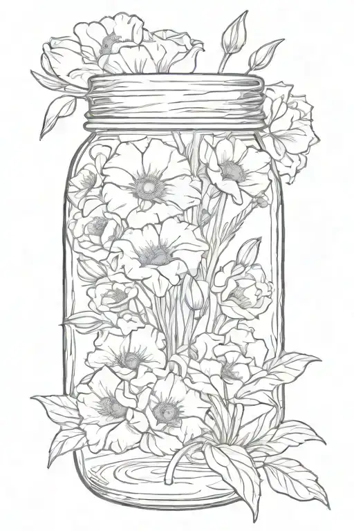 Mason jar with a Tuscan poppy, iris, and carnation flowers tattoo design idea