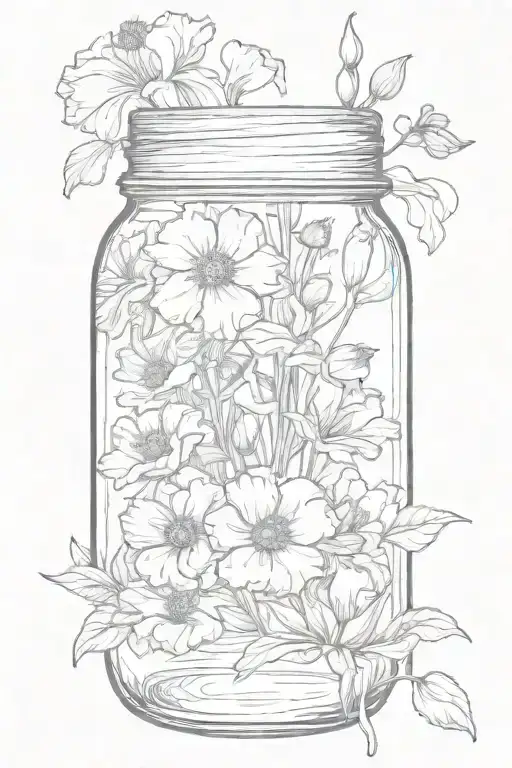 Mason jar with a Tuscan poppy, iris, and carnation flowers tattoo design idea