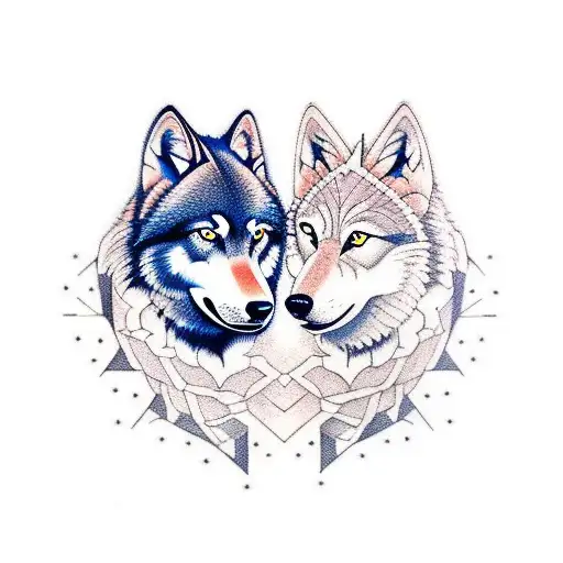 two different wolves conjoined together in neotraditional tattoo design idea