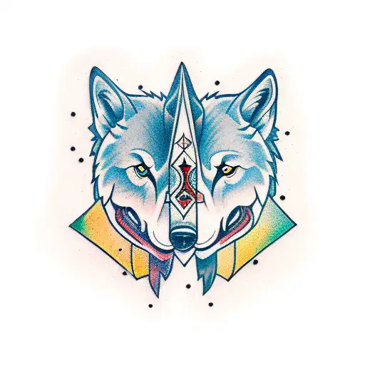 two different wolves conjoined together in neotraditional tattoo design idea