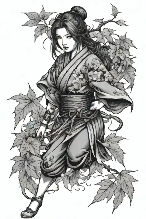 japanese kunoichi surrounded by maple leaves growing tattoo design idea