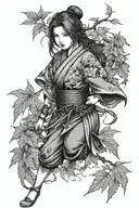 japanese kunoichi surrounded by maple leaves growing tattoo design idea
