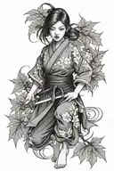 japanese kunoichi surrounded by maple leaves growing tattoo design idea