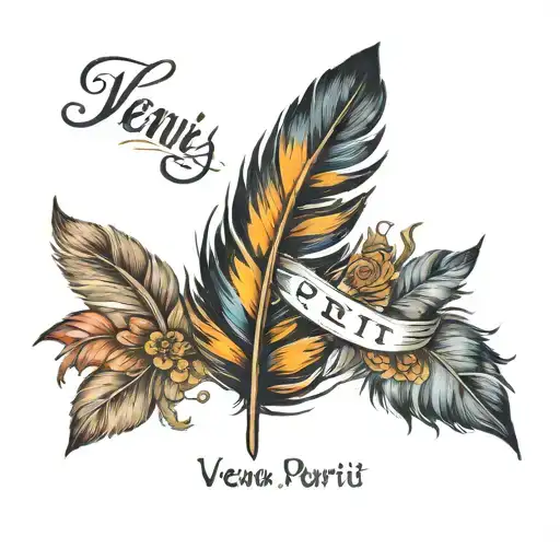 feather with the words Saying: Veni, periti, et evolved underneath tattoo design idea