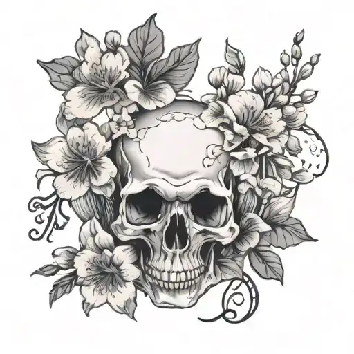 skull surrounded by cherry blossoms tattoo design idea